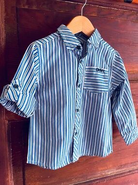 5/$30💥DKNY NEW Pinstripe Special Occasion Button-Down Shirt, Roll Up Cuffs, Blue